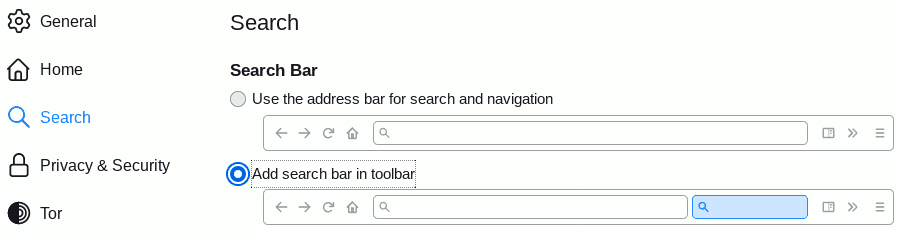 Tor Browser search bar settings